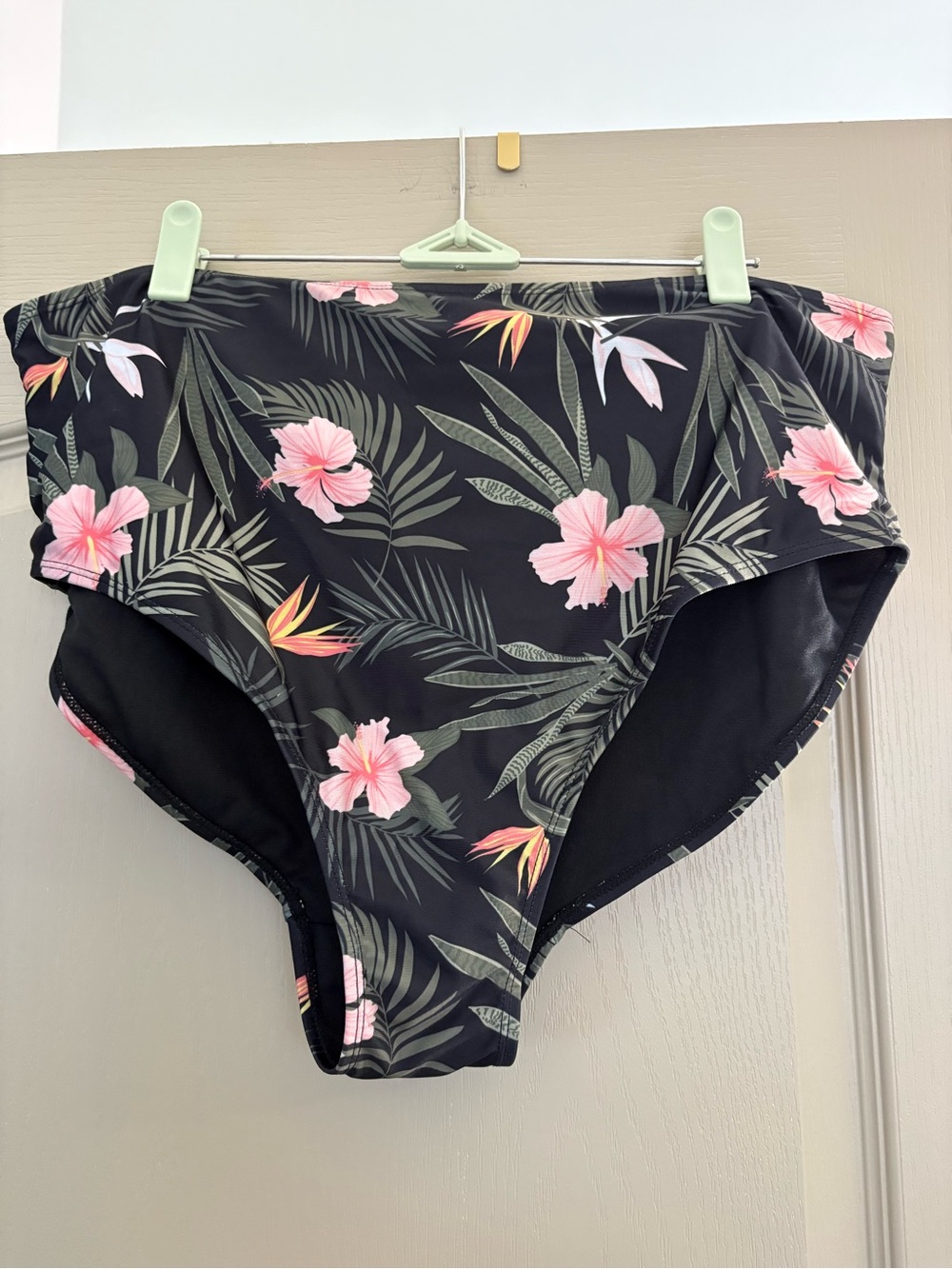 High-Waist Tropical Bikini Bottoms in Black with Pink Floral